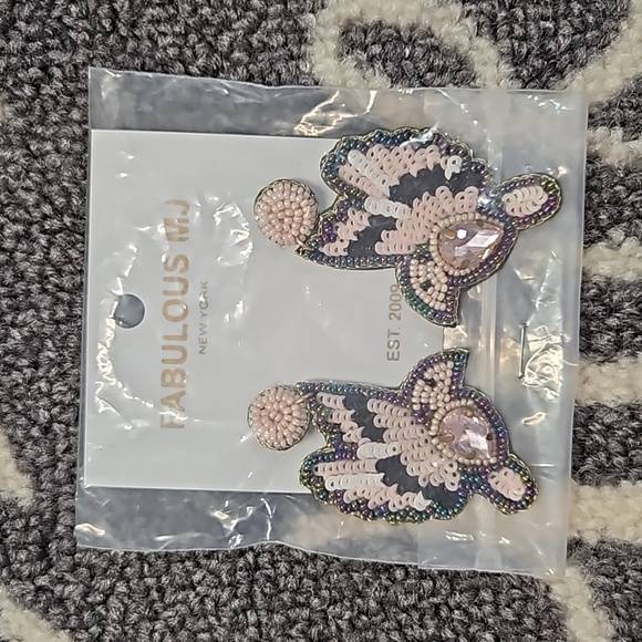 NWT Pink Black Sequin & Crystal Hummingbird Healing Soul 3" Seed Bead Earrings - Picture 3 of 4